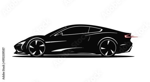 Sleek black sports car illustration side view modern vehicle design with red taillight on white background