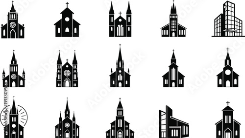 Black silhouette set of church icons featuring various cathedral steeples religious chapels and modern christian buildings isolated on white background