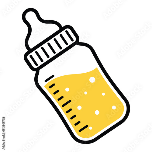 A cartoon image of a baby bottle full of milk