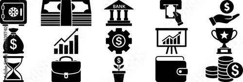Collection of finance and business icons representing banking investment and success perfect for web and app design