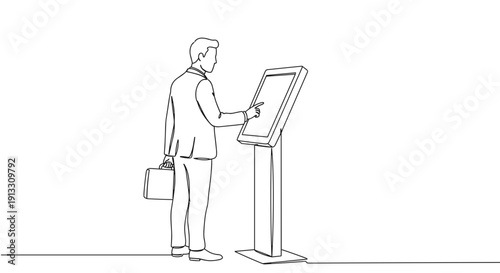 Line drawing of a businessman interacting with a digital kiosk screen in a modern setting on a transparent background