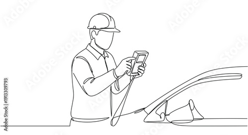 Line drawing of a worker using a mobile device while inspecting a vehicle on a transparent background