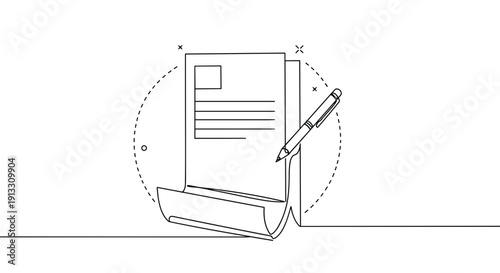 Line drawing of a blank letter and pen on a transparent background for writing messages and invitations in a minimalist style with a modern touch