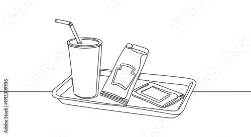 Line drawing of a drink, burger, and fries on a tray, isolated on a transparent background