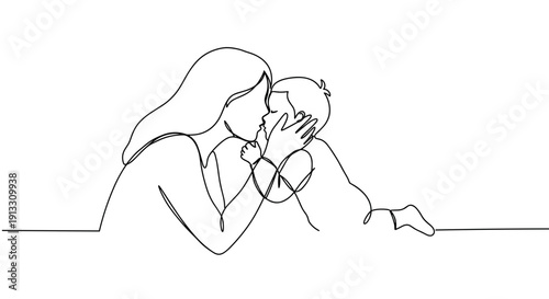 Line drawing of a mother holding a child close while sharing a loving moment on a transparent background
