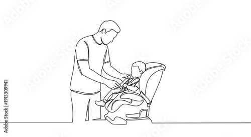 Line drawing of a father securing a child in a car seat on a transparent background
