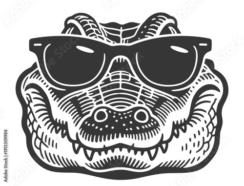 Cool Alligator Face Wearing Sunglasses in Vintage Black and White Engraving Style