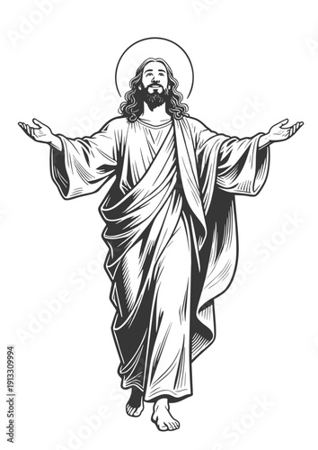 Jesus Christ with Open Arms and Halo in Vintage Black and White Style
