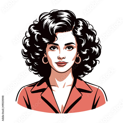 A woman portrait, wearing a red jacket and hoop earrings, with big curly hair and a confident gaze