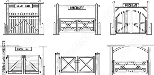 Ranch gate collection, wooden farm entrance set, rustic fence doors, western barn illustration, countryside barrier designs, isolated vector pack
