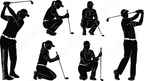 Black silhouette set of male and female professional golfers performing full swing follow through and squatting to read the green line
