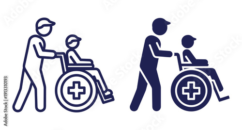 Minimalist vector icons showing person assisting disabled individual in a medical wheelchair