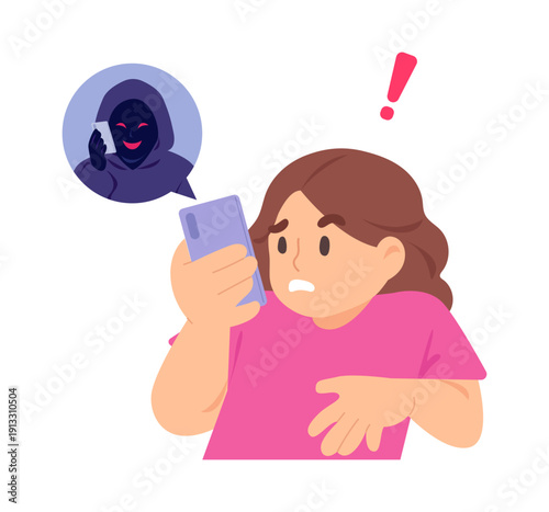 Woman receiving suspicious call from scammer. fraud phone call for getting access to bank or credit card data, personal information, or scam money from victim. Flat vector illustration.