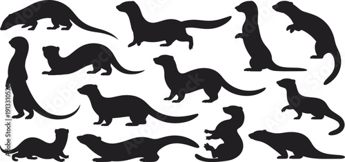 Black Otter and Ferret Silhouette Vector Set Featuring Weasel Mink and Stoat Icons in Various Poses for Nature Wildlife Design and Animal Illustration