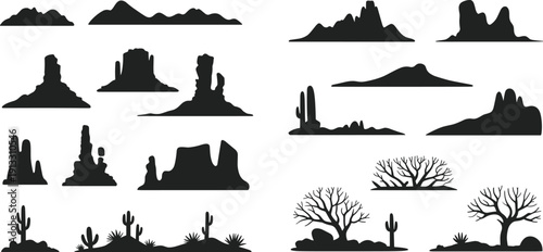Desert Landscape Silhouette Set Featuring Mountain Buttes Canyons Saguaro Cactus and Bare Trees Isolated on White Background for Western Graphic Design and Nature Vector Illustration