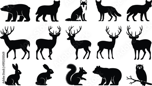 Detailed Forest Animal Silhouettes Collection Featuring Bear Deer Wolf Rabbit Squirrel and Owl in Various Poses Isolated on White Background for Wildlife Vector Graphic Design