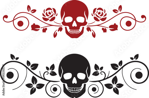 Floral Skull Ornament Design. Gothic Rose and Vine Decorative Vector Illustration
