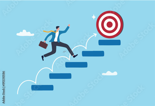 Step or progress to success and reach goal target, leadership to improve personal development, ladder or staircase to achieve goal, aspiration or career path, businessman run up stair to success