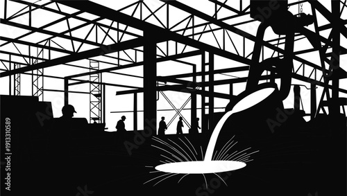 Detailed Industrial Steel Foundry Silhouette Featuring Molten Metal Pouring From Ladle with Factory Workers in Heavy Manufacturing Plant Isolated on White Background for Vector Design