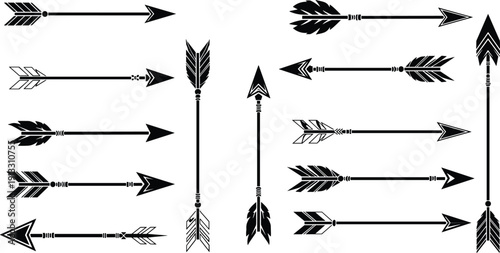 Black silhouette vector icon set featuring assorted tribal arrows, decorative fletching, and sharp arrowheads for archery, hunting, and ethnic design.