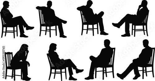 Seated people silhouette set, chair sitting poses collection, human posture profile illustration, casual conversation body language design elements