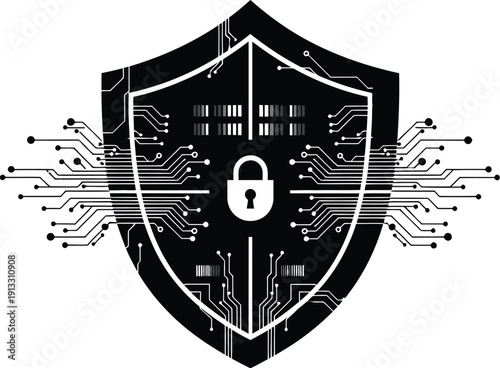 Cybersecurity shield with padlock and circuit board design protecting digital data and online security systems effectively always