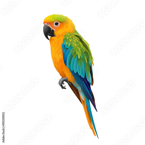 Colorful Parrot With Bright Feathers Perched Against a White Background