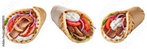 Canvastavla Set and collection of authentic Greek gyros wrapped in pita bread with grilled meat, tomatoes, red onions, and tzatziki sauce isolated on white transparent PNG background