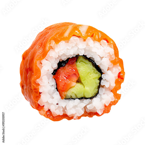 Sushi Roll With Salmon, Cucumber, and Rice Ready for Serving on a Plain Backg...