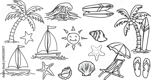 Summer beach line art set, tropical ocean icons, palm tree, sailboat, seashell, sun, umbrella, surfboard, vacation vector illustration
