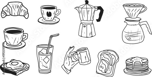 Breakfast coffee line art set, croissant, toast, pancakes, moka pot, pour over, cup, iced drink, hand holding mug, vector illustration