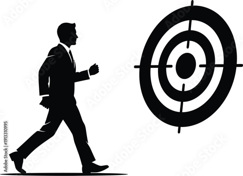 Determined businessman in suit approaches a large target symbolizing his professional goals and ambitions clearly