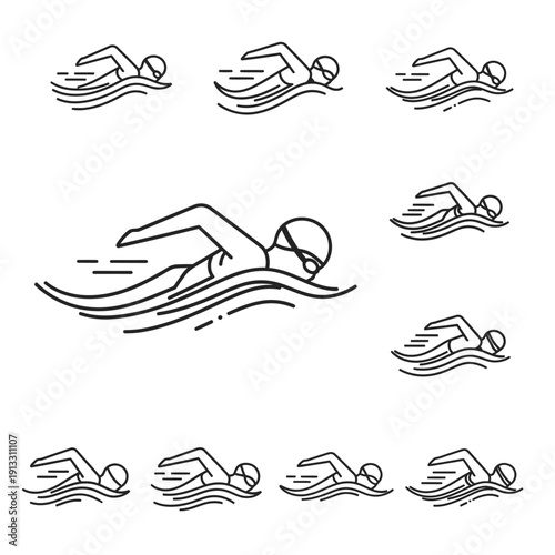 Multiple swimmers in various poses illustrated in a simple line art style on a clean background from different viewpoints