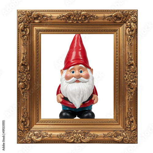 Garden Gnome Stands in a Vintage Frame With Red Hat and White Beard in a Brig...