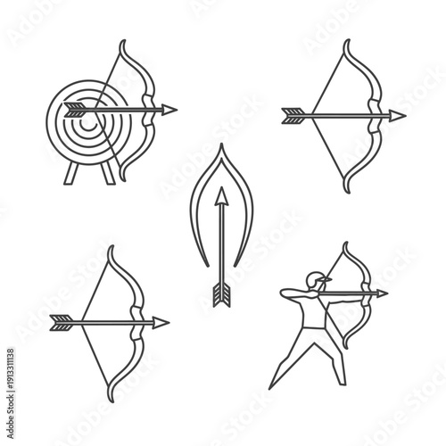Various archery illustrations showcasing different bows and arrows in action from multiple viewpoints