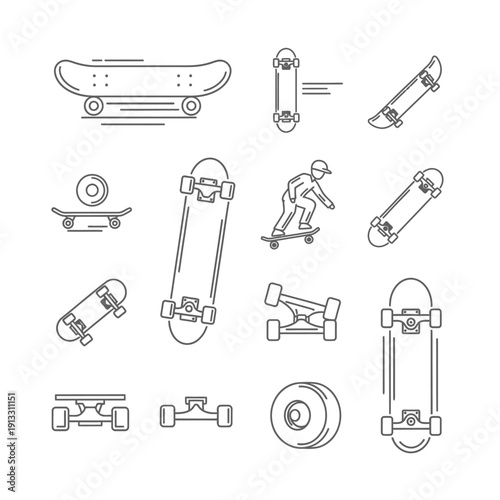 Various skateboards and a skateboarder in action, showcasing different views and styles