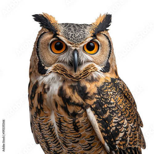 Owl With Orange Eyes Perched and Looking Forward in a Simple Setting