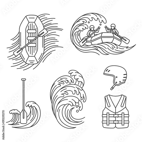 Collection of water sports elements, including raft, paddle, wave, helmet, and life jacket illustrations from various viewpoints