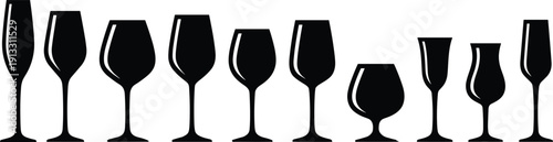 Black silhouette vector icon set of diverse glassware featuring wine glasses, champagne flutes, brandy snifters, and cocktail stems for bar menus.