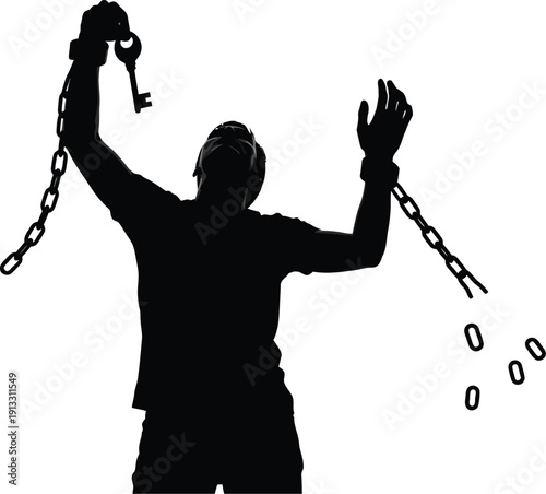 Silhouette of a man breaking free from chains with a key in hand triumphantly