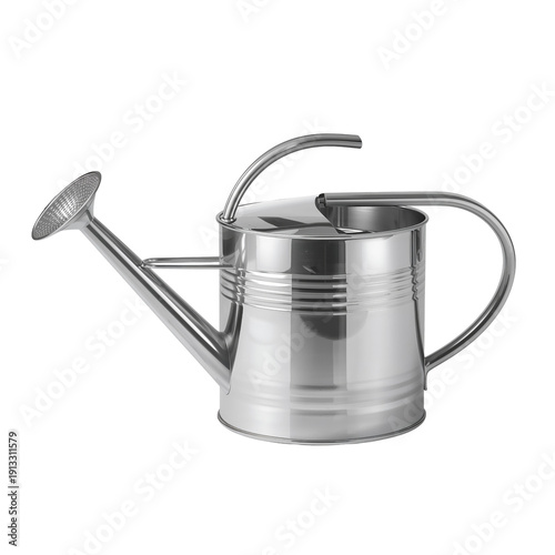 Silver Watering Can Sits on Table Ready for Use in Garden or Home in Sunny Af...