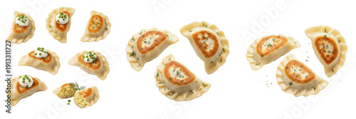 Konstfotografi Set and collection of traditional fried Polish pierogi dumplings topped with sour cream and fresh chives isolated on white transparent PNG background