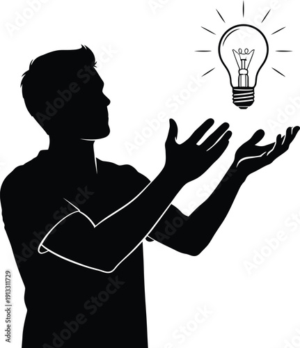 Man silhouette with outstretched hands cradling a glowing lightbulb symbolizing innovative ideas and inspiration