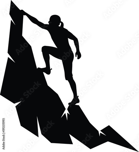 Silhouette of a person climbing a rugged mountain peak with determination and strong athletic physique