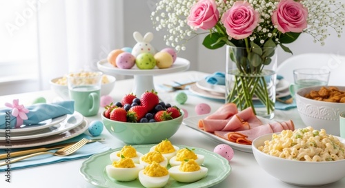 Festive Easter brunch spread with deviled eggs, sliced ham, fresh berries, and pastel eggs. Pink roses in vase and green herbs garnish food. Table set for spring holiday meal celebration with guests.