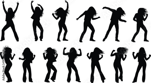 Dancing woman silhouette set, young girl jumping in club, party disco people silhouettes, female dancer posing, energetic music performer vector.