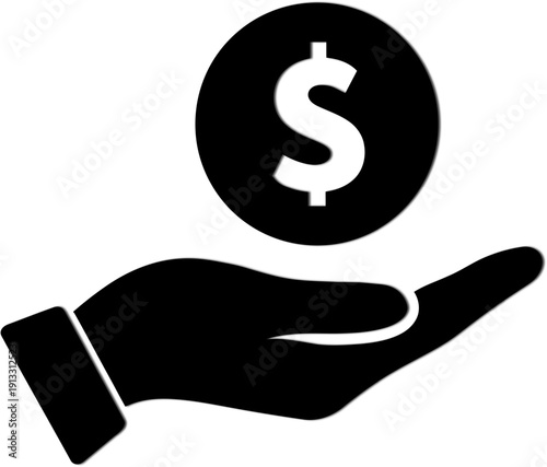 Hand holding a dollar coin simple black and white vector icon representing finance money and investment isolated on white background