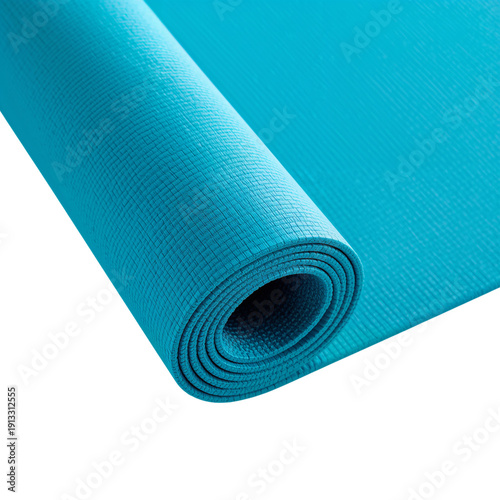 Bright Blue Yoga Mat Rolled up on a Flat Surface Ready for Exercise at Home o...