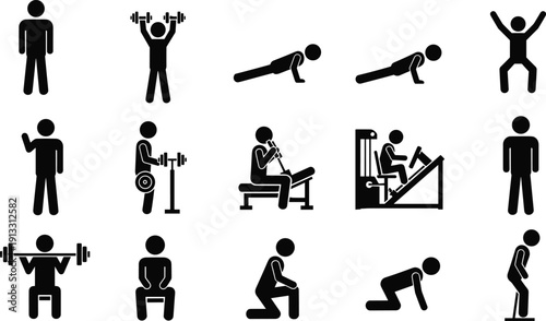 Gym workout icons set with stick figures lifting weights, bodybuilding, pushups, leg press, bench press, fitness training, and athlete exercise silhouettes.