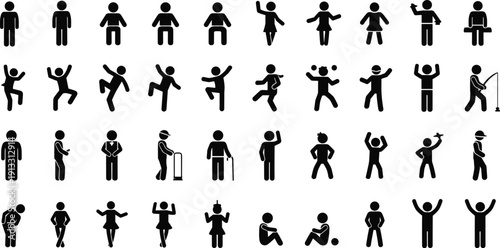 Mega collection of stick figure silhouettes featuring diverse human poses, people standing, dancing, sitting, walking, jumping, elderly, and children icons.